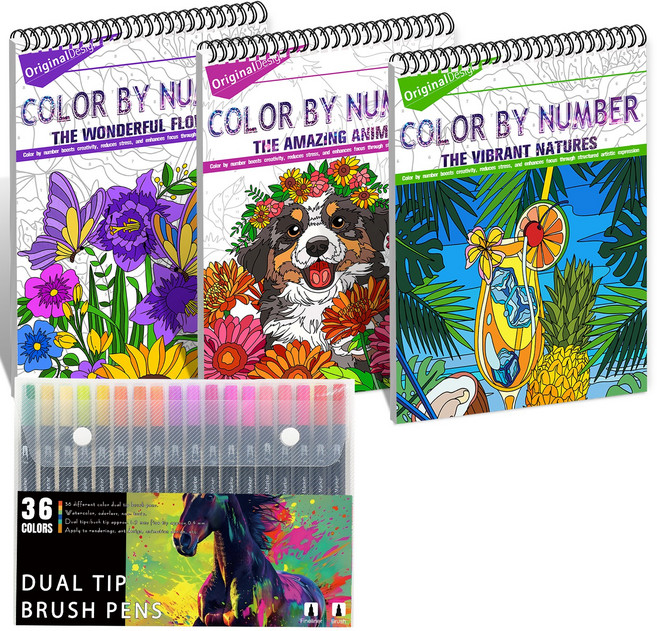 INCEROSE 프리미엄 성인용 색칠책 -세트 콤비네이션 색칠책 - 숫자 색칠책 포함 3권- 60쪽 - 성인용 색칠책 - 마커펜 36색, 숫자 페인팅 그림 세트, 페인팅 세트 4종 세트, 성인 컬러링 북