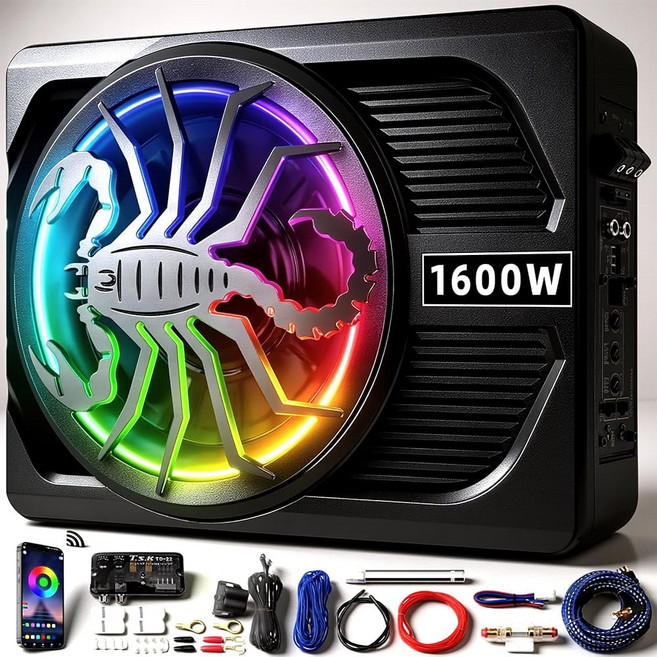 SCBPAUD 1600W 업그레이드된 10인치 초슬림 액티브 언더 시트 서브우퍼 내장 앰프 LED 조명 왜곡 없는 베이스 로우 패스 필터 게인 부스트 컨트롤, Black XZ