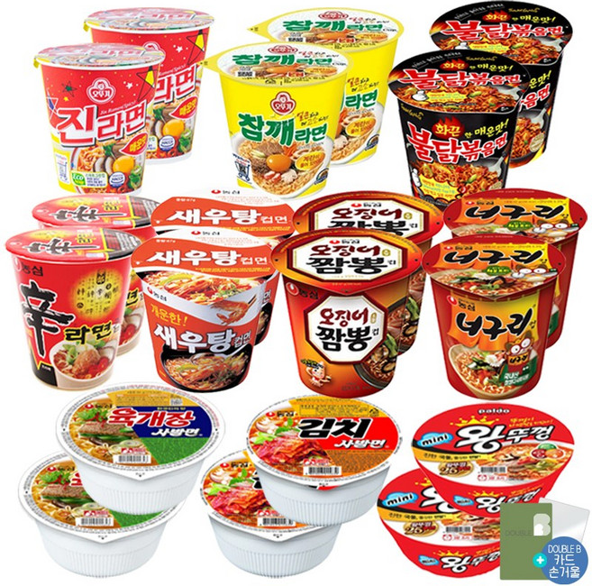 더블비 농심 오뚜기 삼양 컵라면 10종 총 20개 (육사발2+김치사발2+미니왕2+신2+새우2+너구리2+오짬2+진매2+참깨2+불닭2)+더블비카드거울, 2개