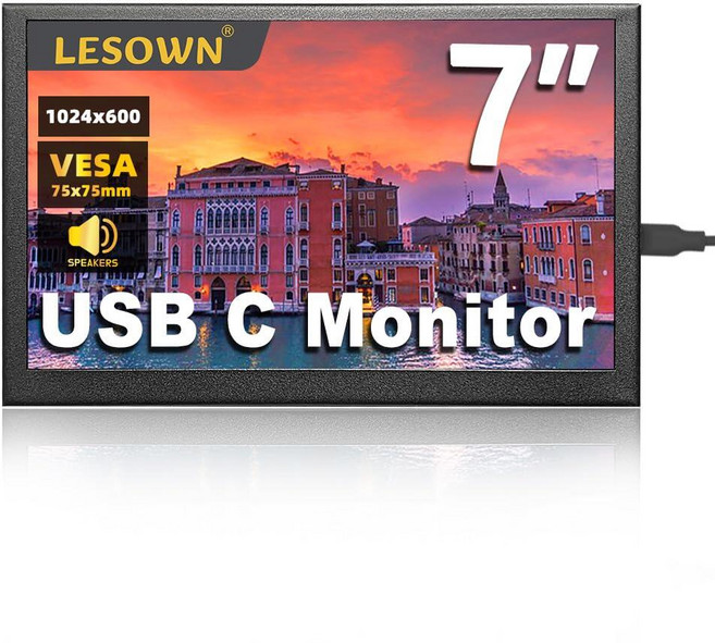 LESOWN 7인치 미니 소형 모니터 HD IPS 1024x600 LCD 스크린 7인치 USB C 휴대용 모니터 외부 디스플레이 휴대폰 노트북 PC용 내장 스피커(P70D), LESOWN 7인치 미니 소형 모니터 HD IPS 10