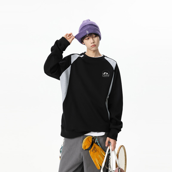 CBHV 남성 봄용 슬림핏 캐주얼 후드티 컬러블록 긴팔 상의