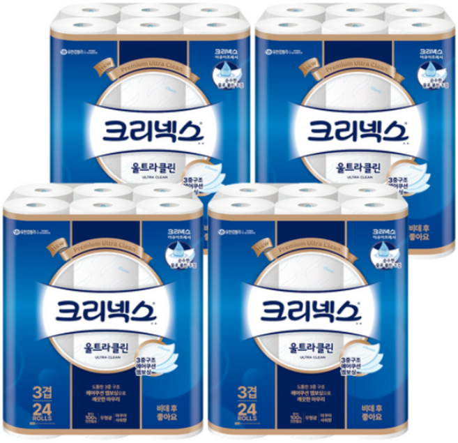크리넥스 울트라클린 천연펄프 3겹 고급롤화장지, 27m, 24개입, 4개