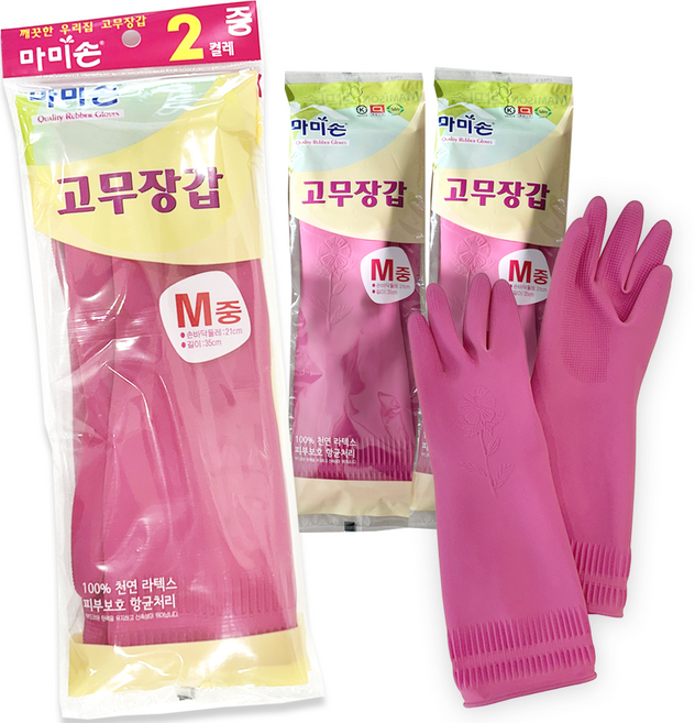 마미손 국산 고무장갑 (2켤레), 1세트, 중(M), 핑크