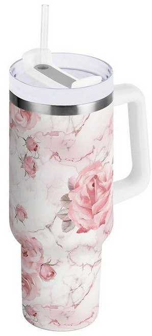 ALAZA Roses 핑크 화이트 마블 1.2L(40온스) 텀블러 물병 빨대 뚜껑과 손잡이 재사용 가능한 단열 스테인리스 스틸 컵 여성 남성 여행 자동차 컵 홀더