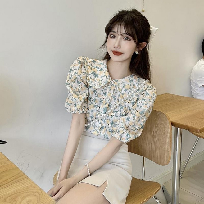 碎花襯衫 印花襯衫 花襯衫 襯衫上衣 娃娃領短袖碎花襯衫女夏季設計感小眾氣質韓版襯衫新款法式甜美泡泡袖碎花上衣