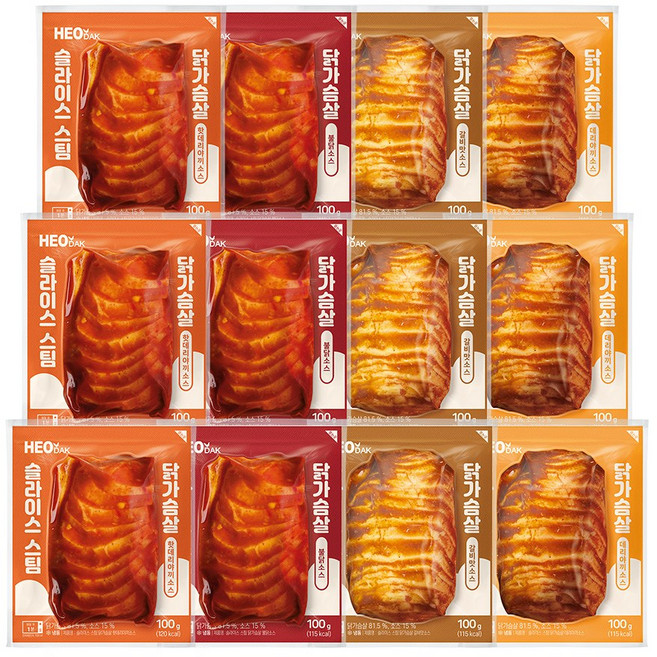 허닭 슬라이스 스팀 소스 닭가슴살 100g 4종 혼합, 12개