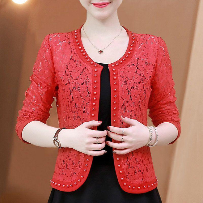 蕾絲短外套 女士百搭開衫, 紅色,XL  55.0-60.0公斤