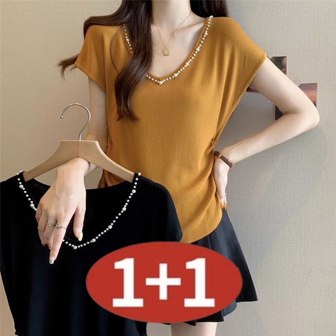 AOKADA 여성 1+1 여름 V넥 니트 반팔 티셔츠 진주 비딩 셔링 스트랩 사이드 매듭 머스타드 우아한 상의