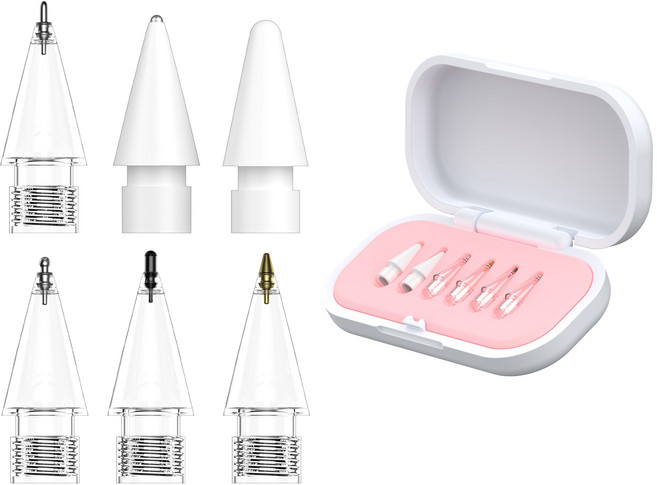 펜촉 6개 세트 (Apple Pencil 호환용) 바늘형 수납케이스 포함 아이패드 프로 플라스틱 메탈, 1세트, Pink