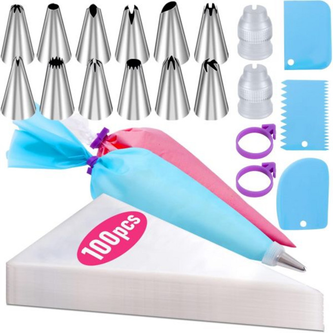 Piping Bags and Tips Set 100Pcs 12 Inch Pastry Bags Icing Disposable for Cakes Decorating Kit Su, 팁이 포함된 12인치