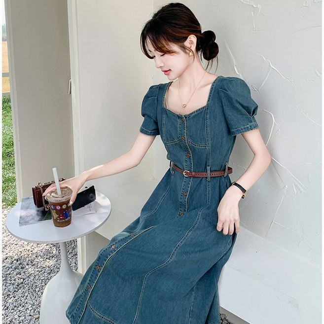 여성 데님 원피스 봄 여름 캐주얼 패션 허리 조임 원피스 빈티지 반팔 원피스 루즈핏 기질 청치마 WMY