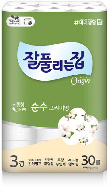 잘풀리는집 순수프리미엄 천연펄프 3겹 화장지 30M, 1, 1롤