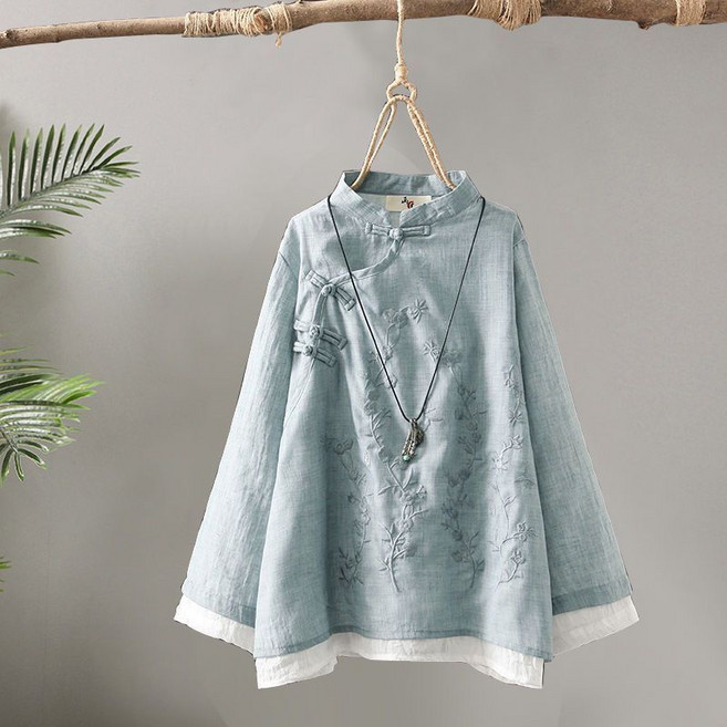 復古刺繡盤扣麻棉襯衫 女款春季新款 中式禪意茶服 寬鬆拼接圓領上衣