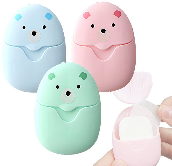 브레인버니 곰돌이 종이비누 휴대용 일회용, 2.7g, 3개, 블루+핑크+그린