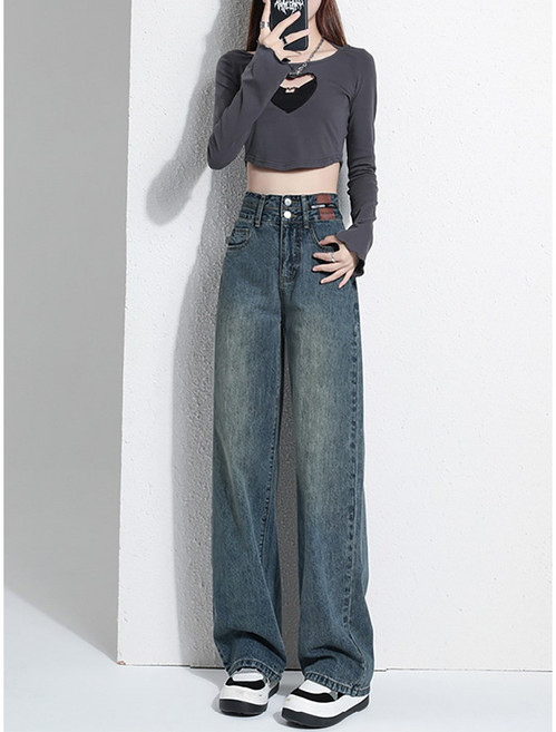 YioYcc 패션 트렌드 여성 하이웨스트 일자핏 청바지 캐주얼 와이드 팬츠