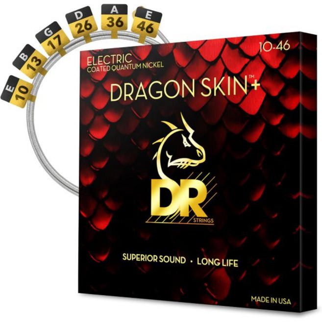 DR 스트링 일렉트릭 기타 | 드래곤 스킨+ 코팅 퀀텀 니켈 DEQ-10 편안한 느낌과 긴 수명을 갖춘 우수한 사운드 미디엄 10-46, DEQ-10 Medium 10-46