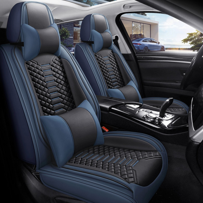고급 나파 가죽 3D 시트 커버 앞좌석 1P 사계절 공용 허리받침대 포함 목베개, 1개, 진한 파란색