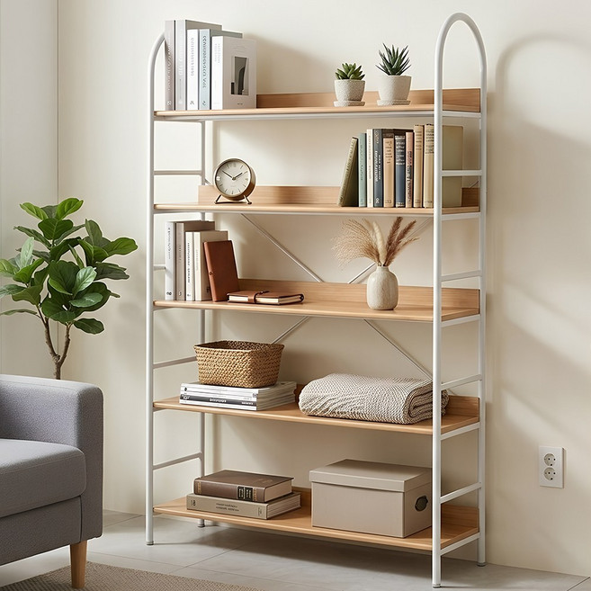 소프트엣지 조립식 거실 철제 책장선반, 5단, 우드 화이트