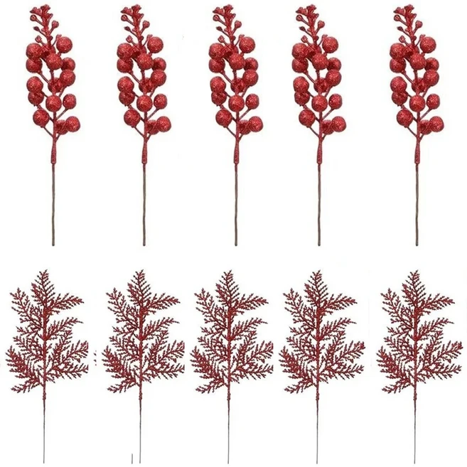 10개 축제 겨울 원더랜드 꽃다발 - 콘 붉은 열매 눈송이가 있는 인공 소나무 서리로 바늘 가지, 02 R-10PCS
