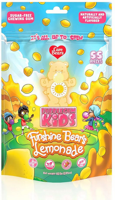 Bubblegum Kids 솜사탕 코튼 캔디 버블검 무설탕 껌 와 성인을 위한 케어 베어스 자일리톨 아스파탐 무첨가 비건 친화 치어, Funshine Bear's Lemonade, 1개, 55g
