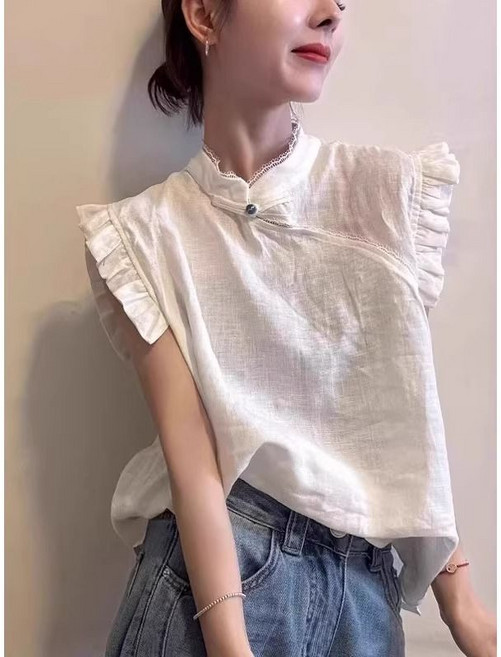 無袖襯衫 女 立領 斜襟盤扣 蕾絲花邊 新中式國風上衣