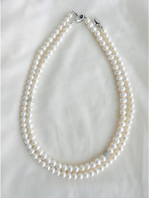 멜로우 천연담수 못난이 진주 목걸이 6mm 클래식 & 스와로브스키 스톤 볼