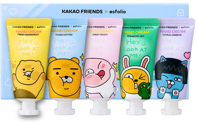 카카오프렌즈X에스폴리오 룩앳미 핸드크림 5종 세트 (그레이프프르츠/클린코튼/스위트피치/로맨틱릴리/시트러스버베나), 1세트