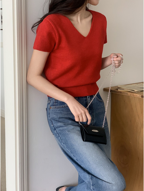 로페즈 캡 반팔 울 브이넥 니트 4color