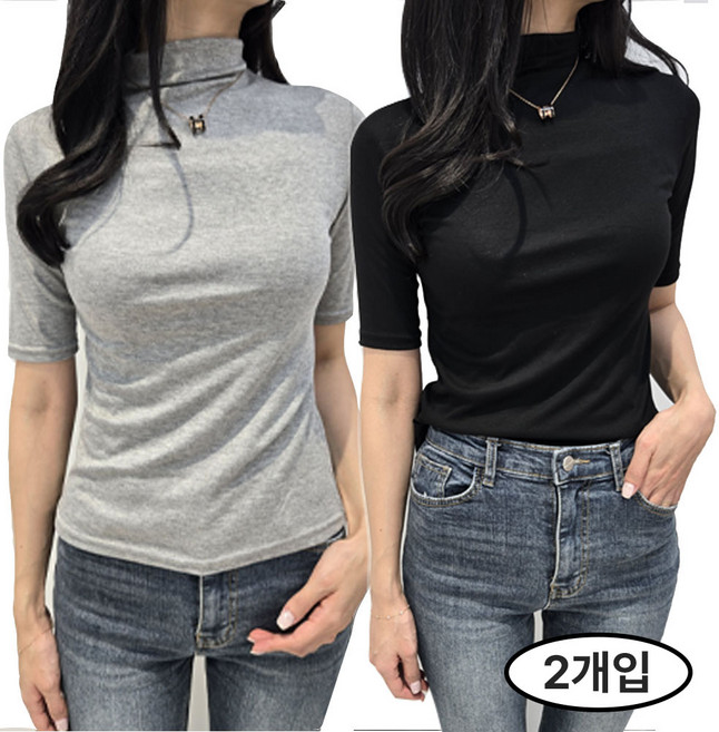 밀크린 여성 부드러운 반팔 반목티 목폴라티 2종 세트 폴라티 5부 티셔츠