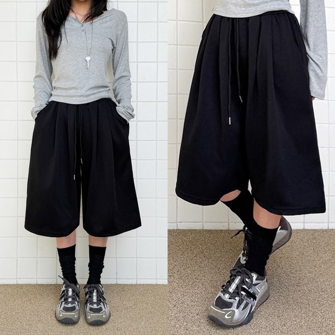 여성용 핀턱 와이드 버뮤다 팬츠