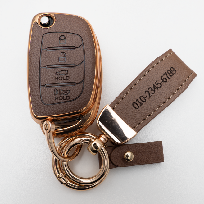 양면각인 현대 호환 아반떼 AD MD LF 쏘나타 뉴라이즈 투싼 IX TL I30 I40 엑센트 아이오닉 리모콘 가죽 차키케이스 커버 폴딩 4버튼 키홀더 스트랩, KH17_TL70, 브라운골드