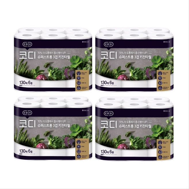 코디 슈퍼스트롱 롤키친타올 3겹 130매, 6롤, 4개