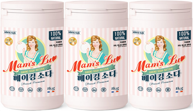 맘스럽 (초특가) 베이킹소다 1kg x 3통 프리미엄 용기형 천연세제 세탁세제 세정제, 3개