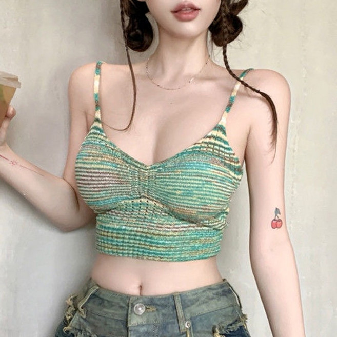 칩썬데이 여성 에스닉 컬러풀 크롭탑 섹시탑 민소매 니트 나시
