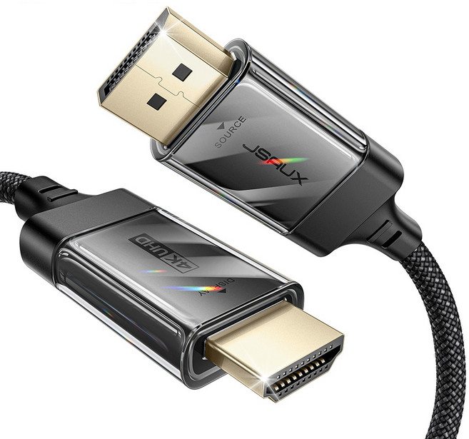 JSAUX DP to HDMI 2.0 UHD 4K@60Hz TV 투명 블랙 모니터 케이블, 1개, 2m