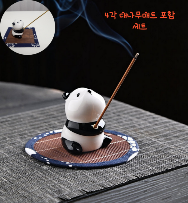 앨오앤지 아기판다 세라믹 인센스 스틱홀더 대나무매트 세트 우아한고양이 세라믹 인센스 스틱 홀더, 아기판다+ 대나무매트