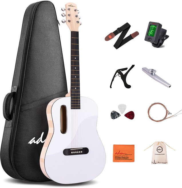 입문자용 38인치(약 97cm) 투톤 포크 기타 세트, 흰색, 1개