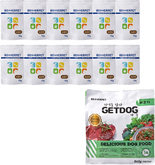 베러펫 개똑 강아지습식사료 강아지사료 주식 보양식 파우치 소고기, 70g, 12개, 소