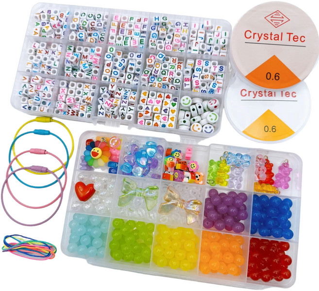 호호홈 대용량알파벳+컬러비즈셋트 15칸*2개+와이어키링 팔찌 키링 핸드폰줄 만들기 비즈 공예, 컬러알파벳15칸+레인보우15칸+와이어키링4종, 1개