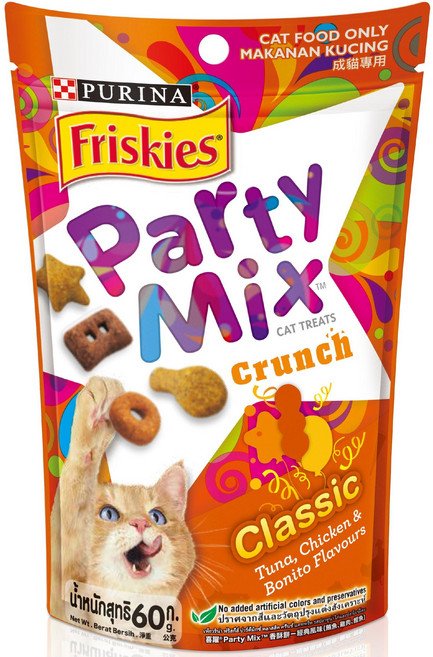 Purina Friskies Party Mix 貓零食 香脆口味 鮪魚、雞肉、羈博口味, 60g, 1個, 鮪魚、雞肉、羈博