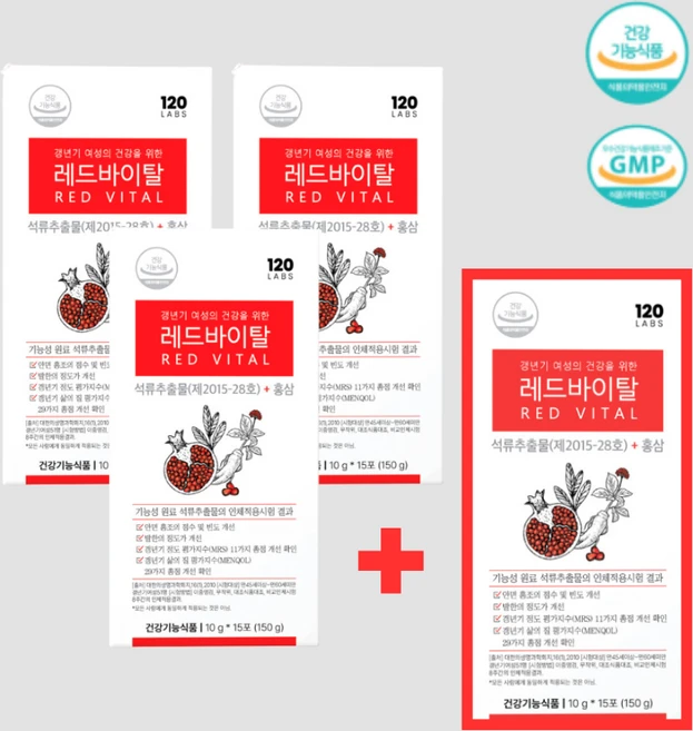 120랩스 레드바이탈 여성 갱년기 영양제 진짜 에스트로겐 석류추출물 홍삼 건강기능식품 15일분, 4세트, 150g - 쿠팡