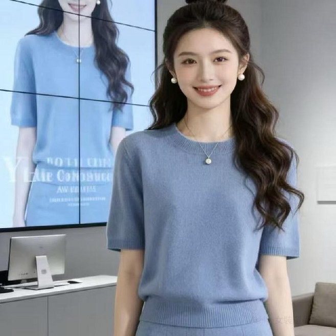 韓風高級感 薄款圓領短袖針織衫 寬鬆顯瘦毛衣上衣