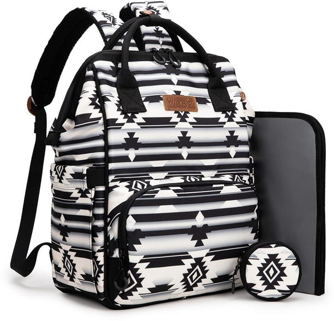 Montana West Wrangler 기저귀 가방 백팩 아즈텍 여행용 백팩 지갑 웨스턴 다기능 아기 가방 엄마용 방수 단열 포켓 포함, 블랙