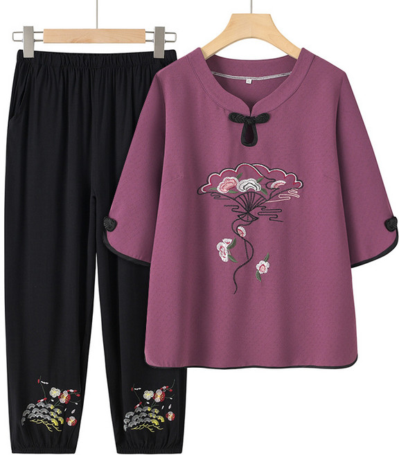 엘바리스 중년 여성 동양풍 에스닉 자수 포인트 상의 발목 밴딩 조거 팬츠 상하의 세트