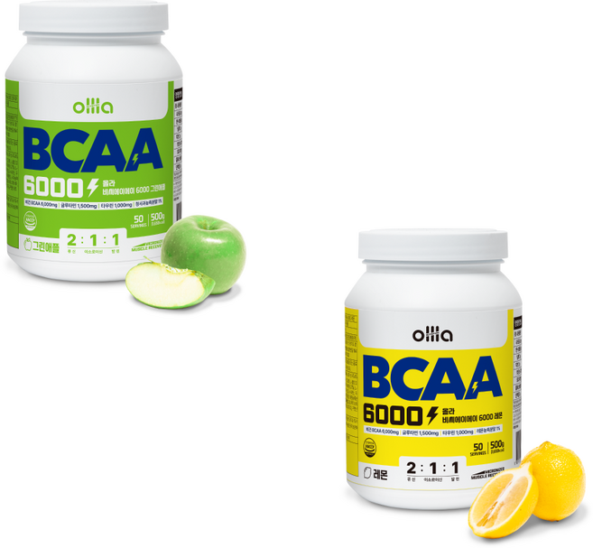 [1+1] 올라 BCAA 6000 맛있는 아미노산 보충제, 그린애플레몬, 2개, 500g