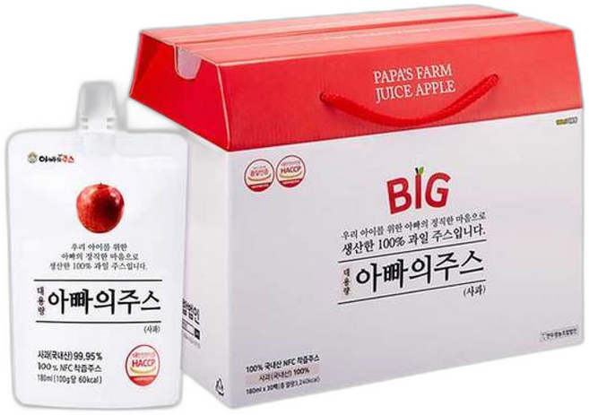 연두팜 돌려따는) BIG 대용량 아빠의주스 사과즙 한박스, 180ml, 1