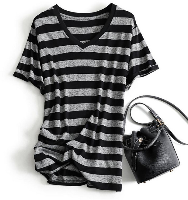 지고다그 여름용 빅사이즈 스트라이프 브이넥 루즈핏 롱 반팔 티셔츠 여성 상의HH1373