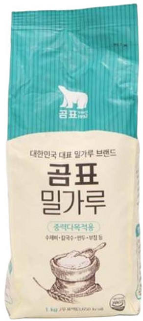 다목적용 곰표 중력 밀가루 1kg 식자재 식료품 식당재료 식재료 밀가루 곰표 중력분 부침 수제비, 1개
