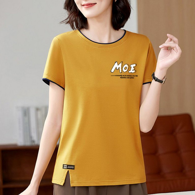 로르카 여성 순면 프린트 라운드넥 배색 루즈핏 캐주얼 데일리 트임 반팔 티셔츠 V01031452