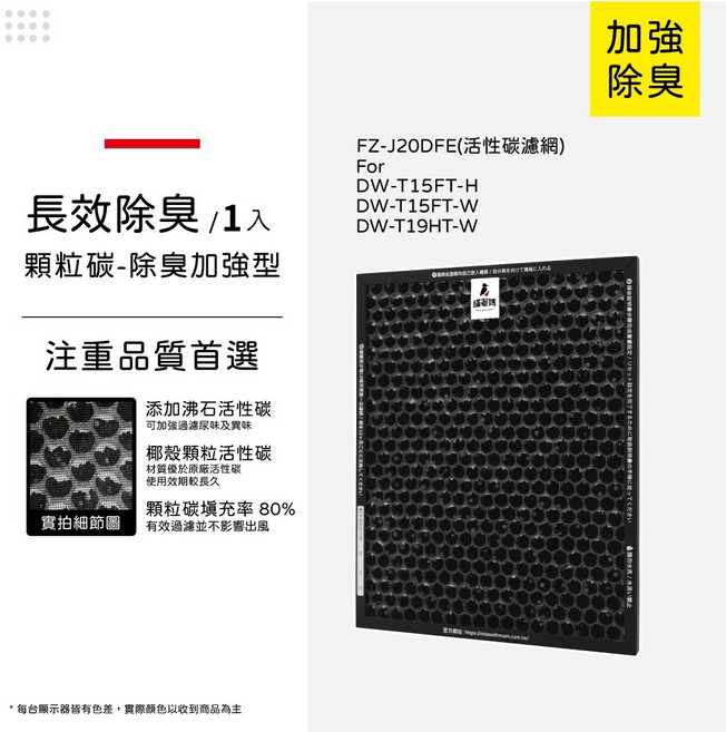 蟎著媽 適用 Sharp 夏普 DW-T15FT-H DW-T15FT-W DW-T19HT-W FZ-J20HFE 空氣清淨機 濾網, 1個, 長效守護型-除臭顆粒碳/單片